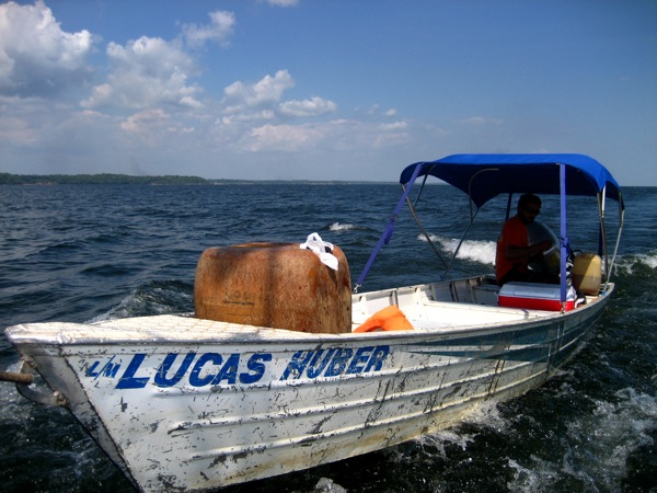 Here\'s our speedboat or \"voadeira\" in portuguese, the Lucas Huber - named after Ruth\'s uncle and founder of Project Amazon. This little boat was our home for 30 hours. No padding on the seats and some very rough sections of water makes for a long ride! The advantage is that you can cover at least 3 times more water than a normal barge or boat. It\'s a great way for river workers, pastors and supervisors to get around.