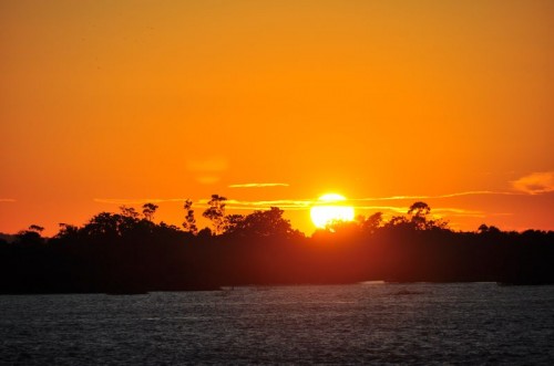A blazing sunset lights up the Amazon jungle