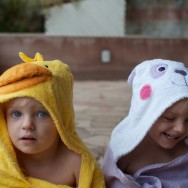 Duck (Becca) and Panda (Anna), just out of the pool.